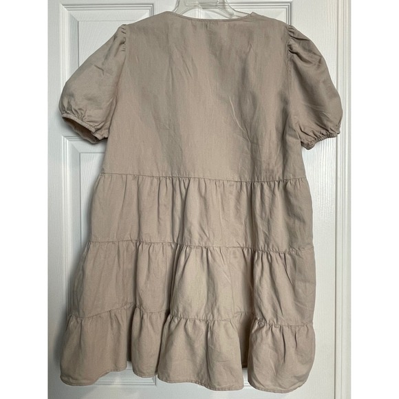 ZARA Beige Linen Blend Tiered Mini Dress V-Neck Puff Sleeve Tan Babydoll Large - Picture 3 of 5